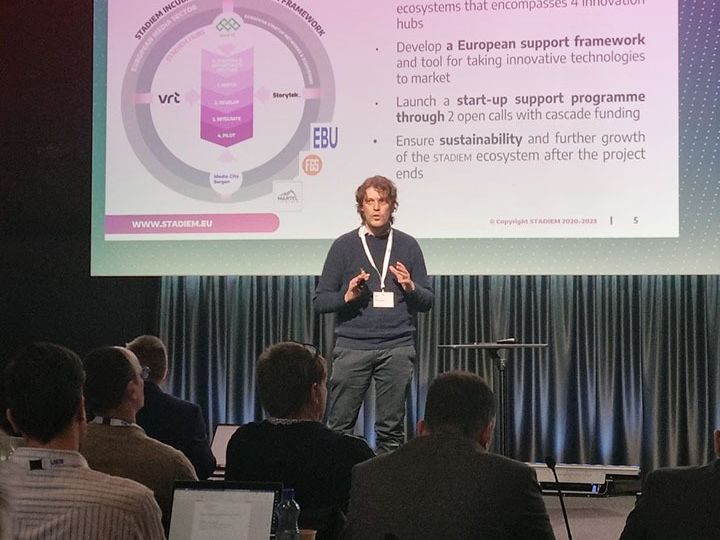 STADIEM Project Coordinator Wim Vanobberghen (VRT), presenting the project at the EBU Production Technology Seminar 2023's side event